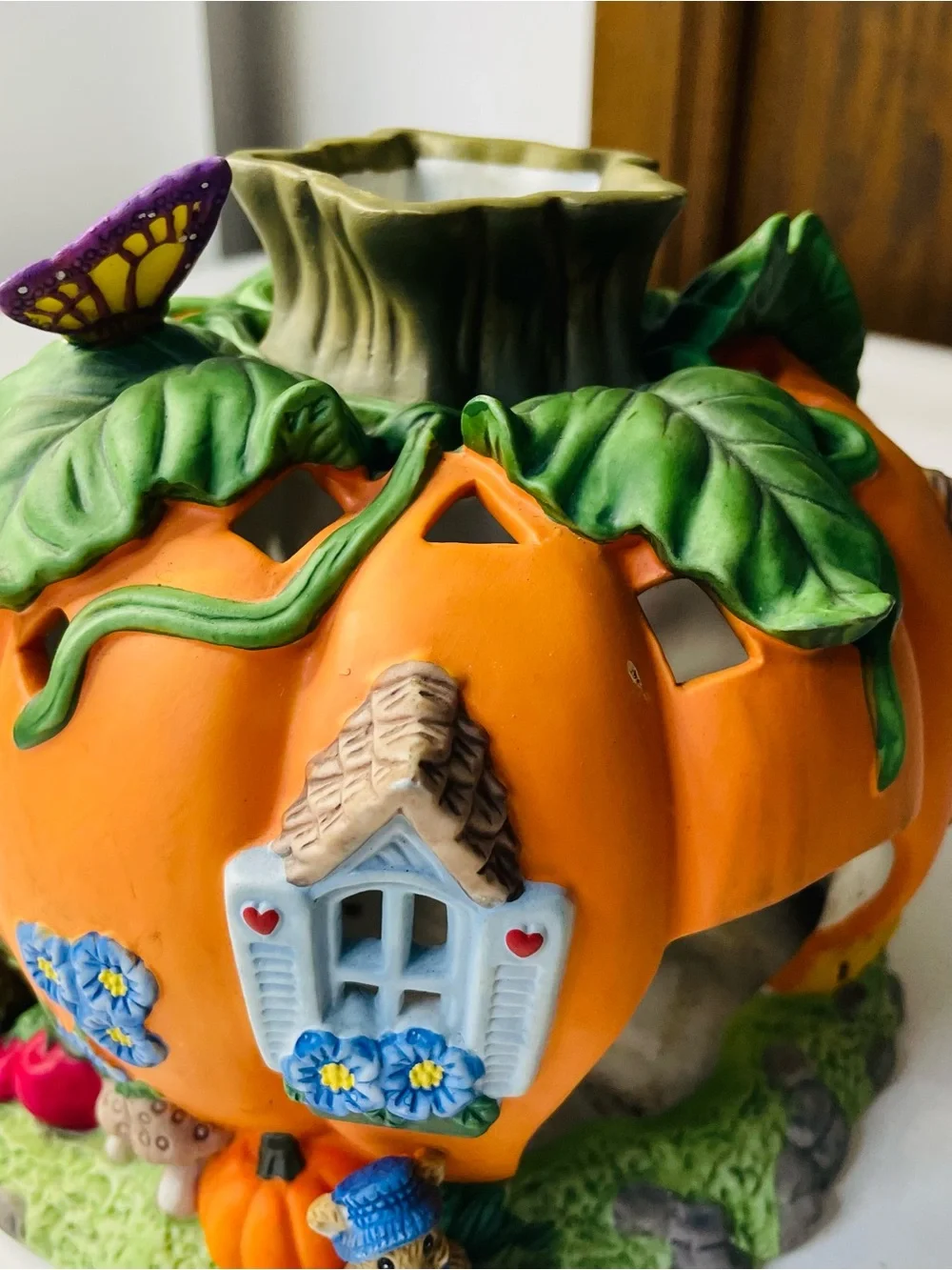 Ceramic Party Lite Orange Pumpkin Fairy House For Tea Lights - Decorative